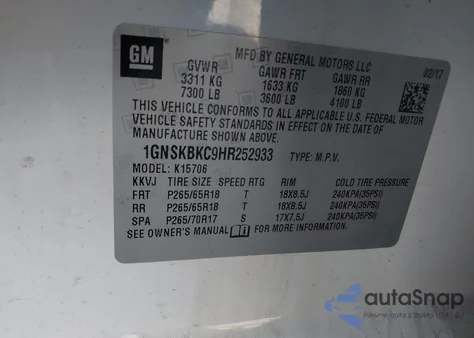 2017 Chevrolet Tahoe Lt z USA, uszkodzony, nr VIN 1GNSKBKC9HR252933